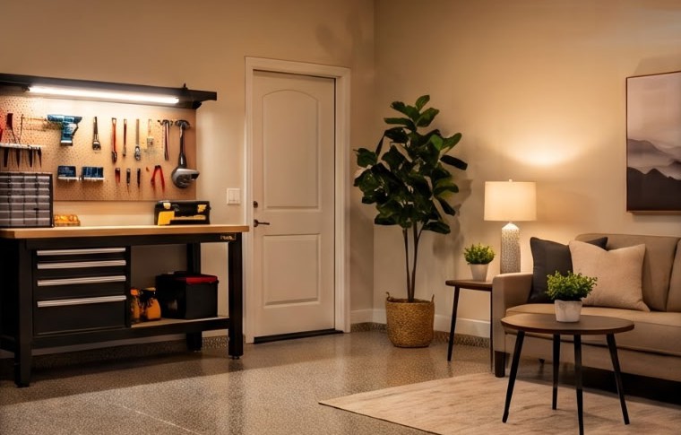 A finished two-car garage with a workbench, a sofa and a glossy speckled floor